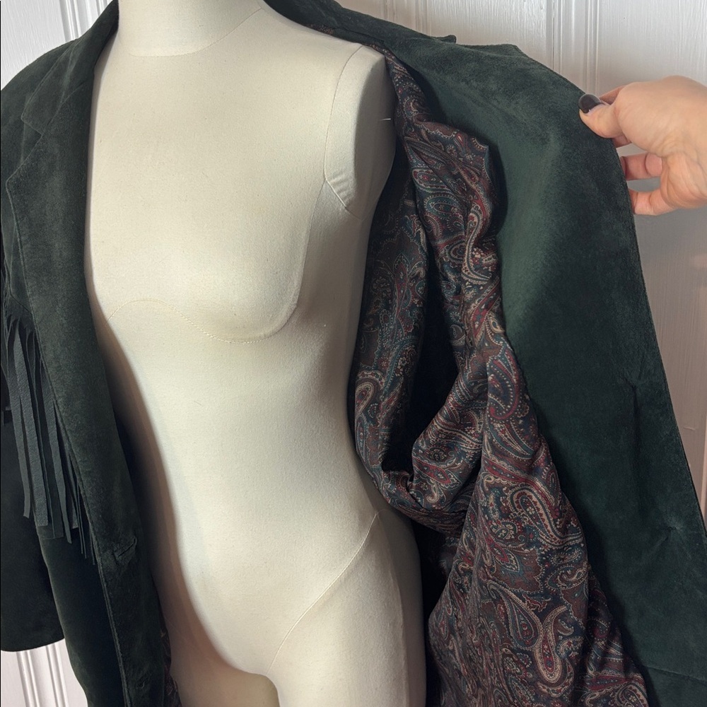 🌲 DIMITRI Vintage Forest Green Suede Fringe Jacket – Size Medium - Picture 7 of 8